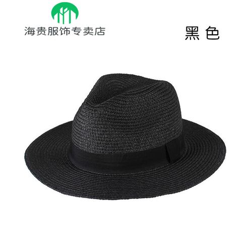 榮西圖草帽男男夏天假寬沿太陽遮陽巴拿馬草帽 黑色 標準碼57cm(建議