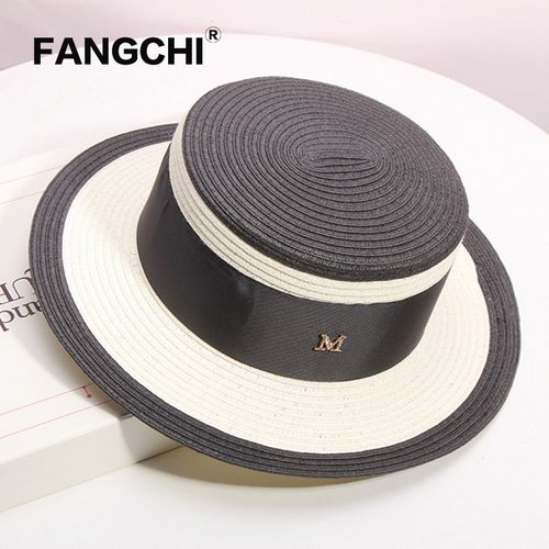 fangchi 赫本小香風寬檐遮陽平頂草帽女夏天防曬沙灘帽韓版百搭休閑小