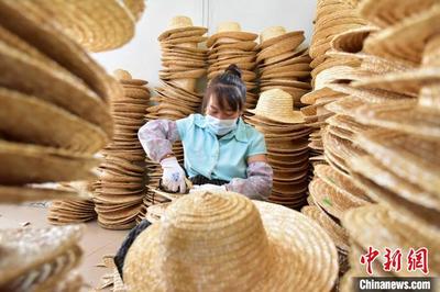 圖為青縣一家草編工藝品生產企業(yè)內,員工使用剪刀修剪草帽毛刺。 尹向平 攝